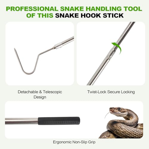 Snake Hook, Snake Grabber Tool Heavy Duty with 42 Inch Extensible Stainless Steel, Snake Tongs Stick for Rattlesnake, Copperhead Snake, Ball Python, Rattle, Cobra, Corn, Rosy Boas