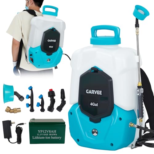 Garvee 4 Gallons Battery Powered Backpack Sprayer, 12V 8Ah Electric Sprayer with 6 Nozzles & 2 Wands, 4-6 Hour Runtime, 90PSI Adjustable Pressure, Trigger Lock, Yard Sprayers for Lawn and Garden - size: 4 Gal