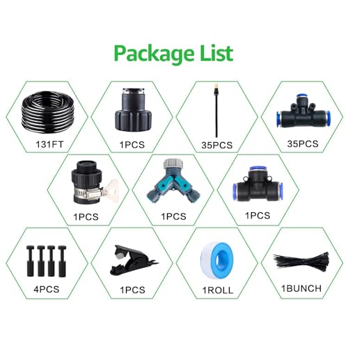 131FT Drip Irrigation Kit, Automatic Garden Watering System with Tool-Free Quick Connectors, 360° Bending Drippers & Copper Misting Nozzles for Greenhouse, Patio, Lawn & Vegetable Garden. (40M) - size: 40M