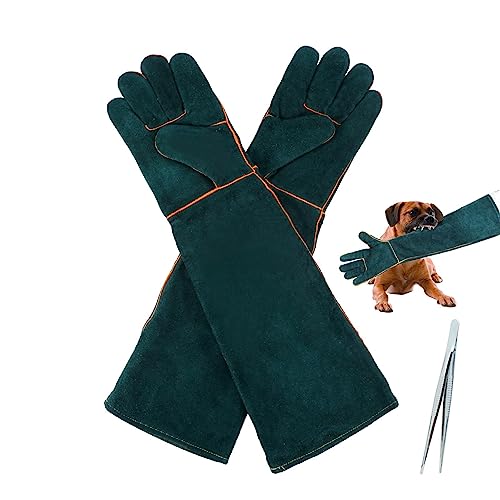 1 Pair Animal Handling Gloves Bite Proof,Leather Welding Gloves,24.4in Reinforced Leather Gloves with 2 Tweezers for Dog Training,Cat,Falcon,Reptile(Blue)