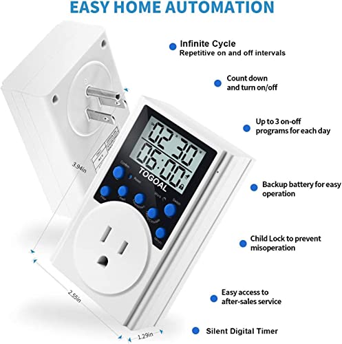 Digital Infinite Repeat Cycle Timer Plug with Countdown and 24 Hour Daily on-Off Programs for Electrical Outlets, Lights, Hydroponic Pumps (120V, 15A) [2 Pack]