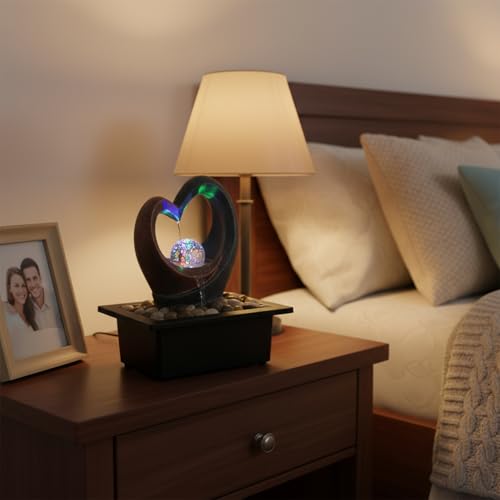 Indoor Tabletop Water Fountain, Zen Meditation Waterfall Fountain with ON/Off Switch, Heart Shape Decoration with LED Light for Home Office Relaxation Decor - size: B
