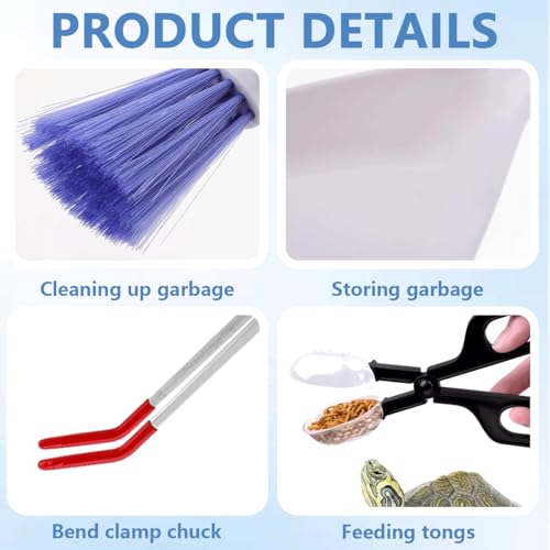 Mini Dustpan and Brush, Reptile Scoop Feeding Tool, Stainless Steel Straight Tweezers and Curved Tweezers for Reptiles, Hamsters, Hedgehogs, Rats, Guinea Pigs, Lizards and Other Small Animals(Black)