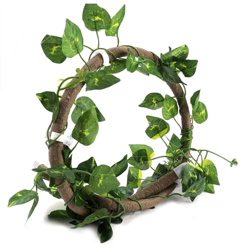 Premium Jungle Reptile Folding Branch Decoration for Chameleon, Turtle, Amphibian, Arboreum 3-D, Flexible Vine, 6.89 Feet Screw, PU+Eco-friendly Plastic (Rattan + Leaves - size: Rattan + foglie di ravanello verde