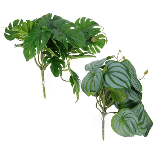 PRETYZOOM 2pcs Artificial Plant Ornaments with Suction Cups, Lifelike Terrarium Fake Leaves for Reptile Habitat Decor, 46pcs Simulation Leaves Including Watermelon and Monstera, Suitable