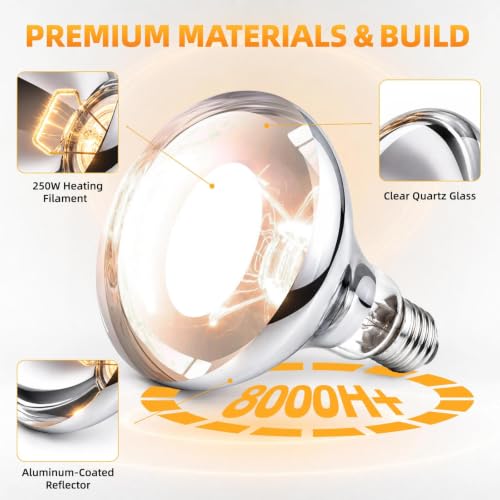 250W Clear Heat Lamp Bulbs, 8000 Hours Rated, R40 Bathroom Shower Incandescent Light Bulb, Infrared Heating for Chickens, Reptiles, Pets, Food, E26 Base, 2 Pack - color: White, size: 2 Pack