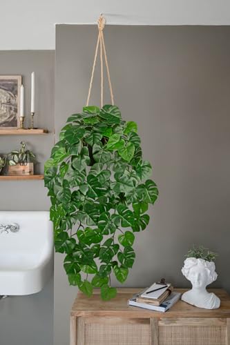 Large Fake Hanging Plants in Pot with Hook, 37" Artificial Hanging Monstera Leaves Vines Plants, Fake Potted Greenery Plant for Room Wall Living Room Bathroom Kitchen, Faux Ivy Houseplants for Shelf - color: # Monstera