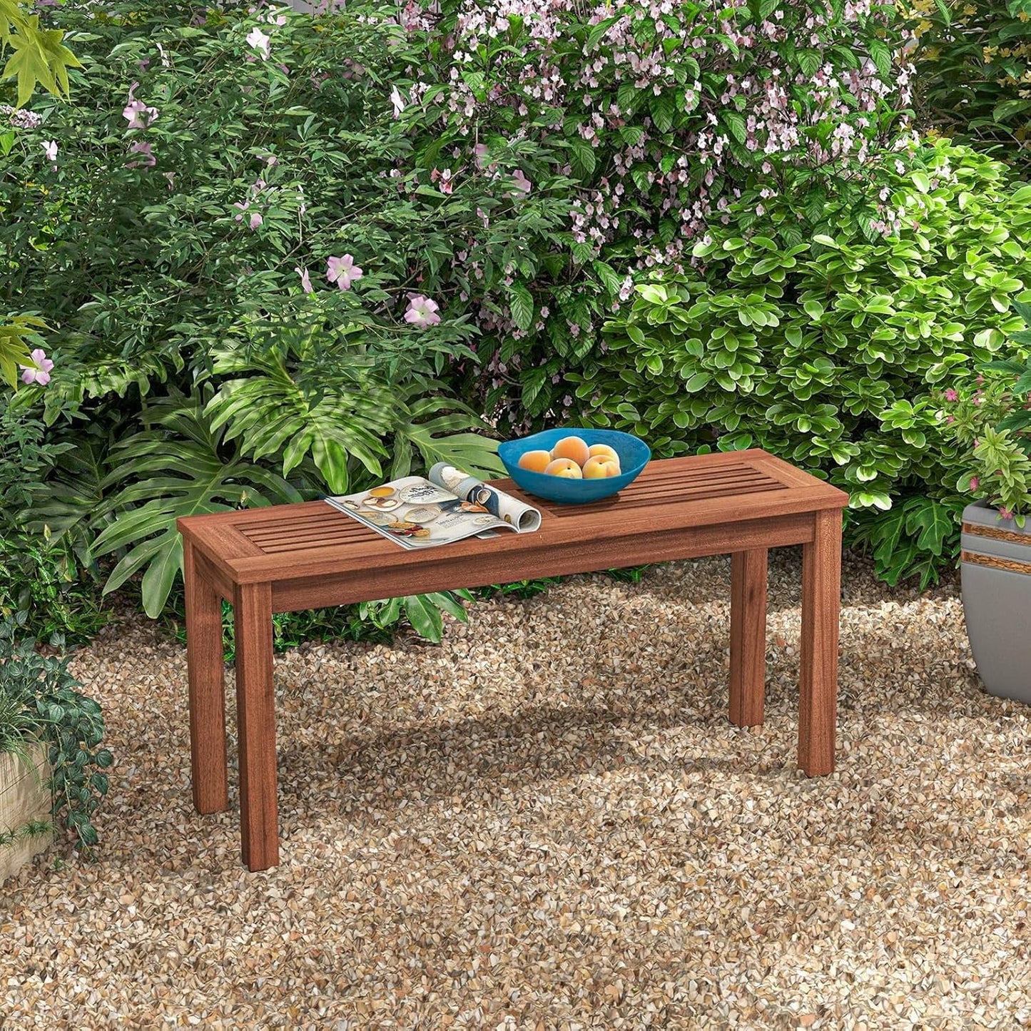 Sycol Outdoor Backless Bench, Patio Dining Bench with Breathable Slatted Seat, 2-Seat Rustic Wood Bench for Entryway, Garden, Backyard, Deck, Natural