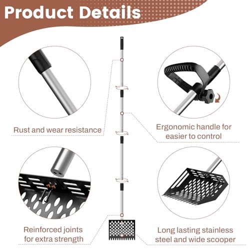 2-in-1 Chicken Poop Scooper & Rake with Grip, Adjustable Handle 24" to 66" | 10" Wide Metal Sand Sifting Shovel, Chicken Pooper Scooper for Poop Shavings, Litter Scooper for Chicken Coop Accessories