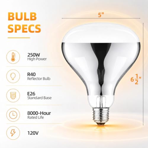 250W Clear Heat Lamp Bulbs, 8000 Hours Rated, R40 Bathroom Shower Incandescent Light Bulb, Infrared Heating for Chickens, Reptiles, Pets, Food, E26 Base, 2 Pack - color: White, size: 2 Pack
