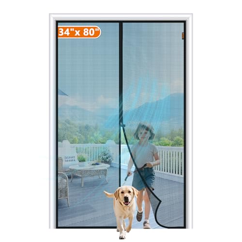 MAGZO Magnetic Screen Door Fits Door Size 34" x 80", 36" x 81" Hands-Free Mesh with Strong Magnet & Windproof Fastener, Pet Friendly Screen for Double Entrance, Black - size: Fit Door Size 34 x 80 Inch