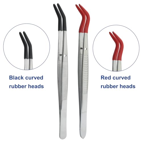 2 Pack Curved Tweezers, Silicone Rubber Bent Tip PVC Coated Soft Tip Tweezers, Non Marring Stainless Steel Tools for Jewelry Crafts/Electronics
