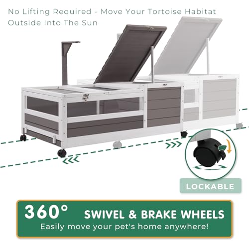 Tortoise Habitat Tank Indoor Outdoor, Wooden Tortoise House with Wheels, 2-Room Reptile Turtle Enclosure Cage for Small Animals, Lamp Holder, Leakproof Tray, Grey - size: 39.0"L x 23.0"W x 14.0"H