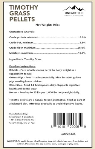 Unearthed Timothy Grass Pellets – 10 lb Bag | 100% Pure Sun‑Cured Forage, No Additives or Fillers | High Fiber, Low Protein Feed for Rabbits, Guinea Pigs, Horses & More | USA Grown
