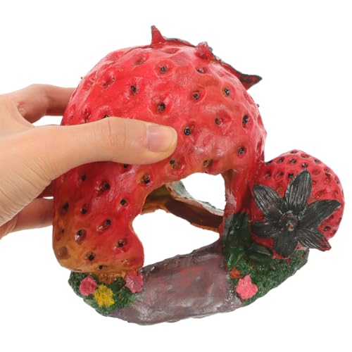 POPETPOP Strawberry Shaped Reptile Hideout Resin Cave for Bearded Dragon Lizard Turtle Habitat Basking Platform Aquarium Decor Shelter 5.11X4.33X4.33In
