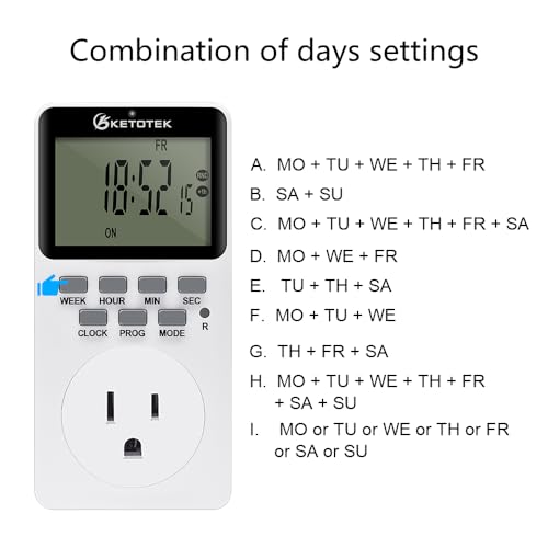 Digital Plug-in Timer Outlet Socket 20 on/Off Programmable Timer Switch 24 Hours 7 Days Programs and Countdown Energy Saving Timing Plug Socket (15A 1725W 115VAC)