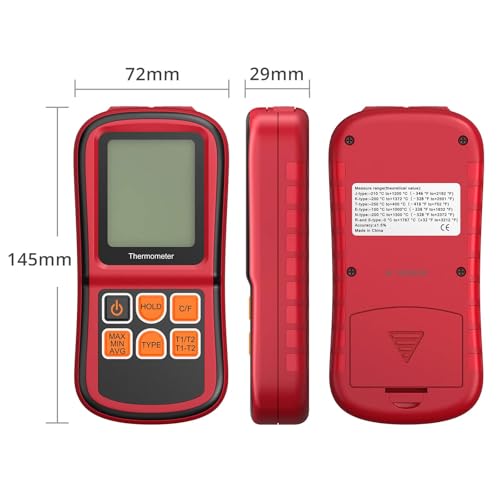 Kamtop Dual Channel Digital Thermocouple Thermometer, K-Type Temperature Meter with 2 Thermocouple Probes, T1/T2 & T1-T2 Measurement, Backlit LCD, MAX/MIN/AVG/Hold, Supports K/J/T/E/R/S/N