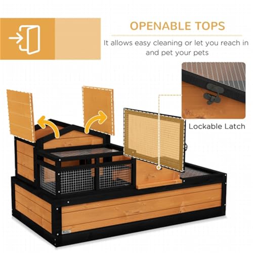 Wooden Turtle House, Small Animal Cage, Small Animal House, Pet Supplies, Mesh Roof, Three Separate Areas, Two Levels, Indoor/Outdoor Use, Openable Roof, Pull-Out Tray, Yellow