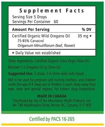 Joy of the Mountains Oil of Oregano Liquid With Dropper cap | Wild Mediterranean, Certified Organic Oil of Oregano | 10ml - 0.34 fl. oz. Liquid (Pack of 1 Bottle)