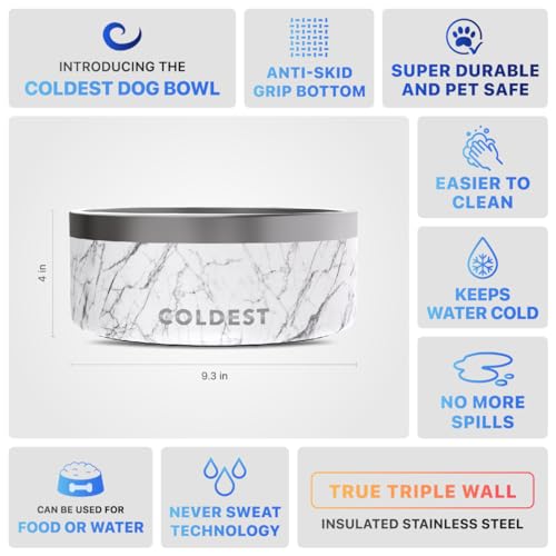 Coldest Dog Bowl - Anti Rust Metal, Non Slip, 3 Layers Insulated Stainless Steel Dog Bowls - Spill Proof & Heavy Duty - Water Bowl for Dogs, Cats & Pets, Dish Washer Safe (100 oz, Carrara Marble) - color: Carrara Marble, size: 100 oz