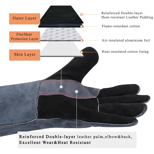 RAPICCA Fireplace Fire Pit Gloves, 662°F Fireproof Leather, 16 in Grey | For Wood Stove, Campfire, Charcoal, Cast Iron, BBQ Grill, Oven, Stick & MIG Welding, Forge, Dry Ice - color: Grey(length 16in)