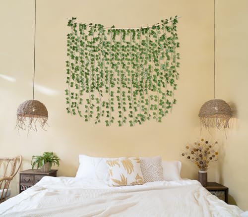 Mkono Hanging Fake Vines for Bedroom Wall Decor Artificial Plant Leaves with Wood Beads Set Indoor Greenery Ivy Garland for Living Room Apartment Christmas Wedding Party Teen Girl Room - size: Large