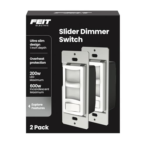 Feit Electric LED Slide Dimmer Switch, Single-Pole or 3-Way Wall Light Dimmer for Dimmable LED & CFL Bulbs, Includes Wall Plate and Wire Nut Installation, DIM/Slide/2, 2 Pack - style: SLIDE DIMMER