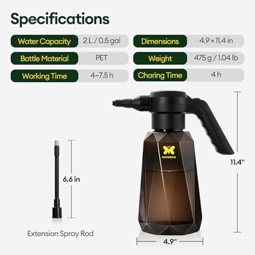 MAYGROVE Battery Powered Sprayer 0.5 Gallon, Electric Spray Bottle – Up to 7.5 Hours Long Battery Life with Fast Charging, Automatic Garden Sprayer with Adjustable Pressure, Semi-Transparent Tank