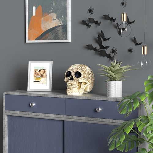 READAEER Life Size Skull Resin Floral Human Skull Model Adult Head Bone Model Day of The Dead Décor - style: Floral