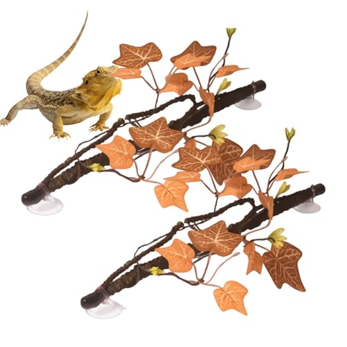 Reptile Tank Branch - 2 Piece Bendable Climbing Vine with Leaves, Suction Cup Artificial Plant Decor, Habitat Accessory | Indoor Reptile Use for Gecko Snake Lizard Frog Bearded Dragon Home