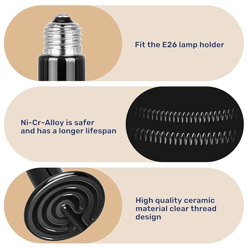 YSSOA 100W Ceramic Heat Emitter, Reptile Heat Bulbs, Ceramic Heat Lamp for Reptiles, Amphibian, Chicken, Dog, Cat, 1 Pack, Black - color: Black, size: 1 Pack, style: 100W
