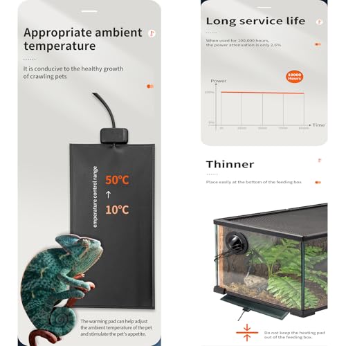 Timeable Temperature-Controlled Reptile Heating Pad, 10-50°C Adjustable, Graphene Chip Rapid Heating, IPX7 Waterproof, Multiple Sizes for Turtles Lizards Frogs，20x20cm/7.9x7.9in (10W) - size: 20x20cm/7.9x7.9in (10W)