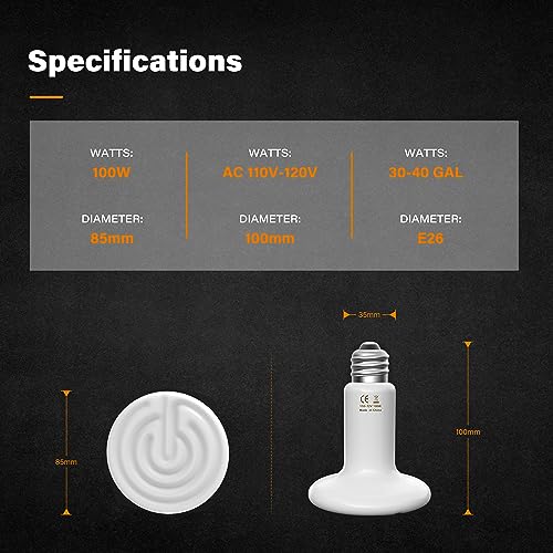 YSSOA 100W Ceramic Heat Emitter, Reptile Heat Bulbs, Ceramic Heat Lamp for Reptiles, Amphibian, Chicken, Dog, Cat, 1 Pack, White - color: White, size: 1 Pack, style: 100W