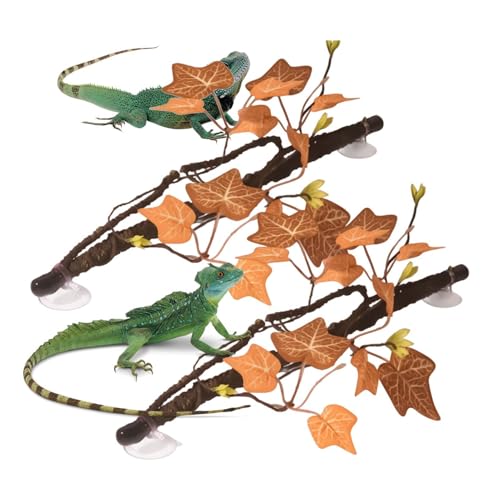 Reptile Tank Branch - 2 Piece Bendable Climbing Vine with Leaves, Suction Cup Artificial Plant Decor, Habitat Accessory | Indoor Reptile Use for Gecko Snake Lizard Frog Bearded Dragon Home