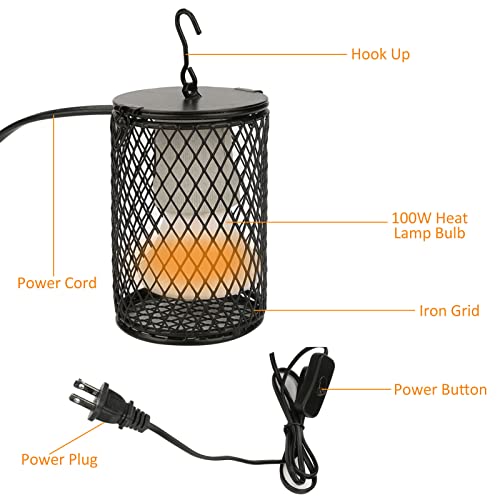 Ceramic Heat Lamp Bulb with Lampshade, 100W Infrared Emitter Heater Lamp Bulbs for Pet Brooder Coop Chicken Lizard Snake Aquarium, with Power Switch&Anti-Biting Hanging Hook