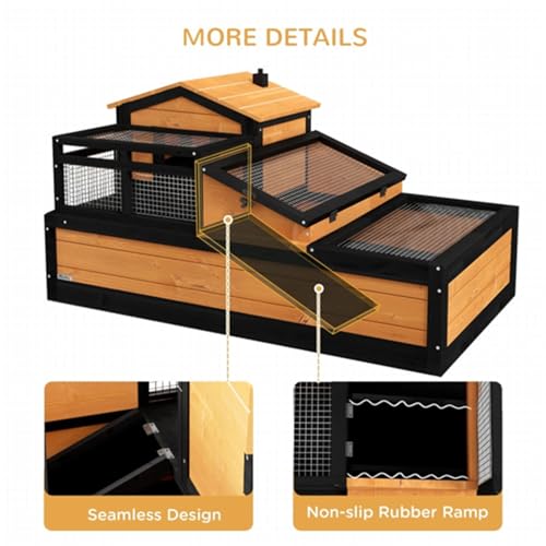 Wooden Turtle House, Small Animal Cage, Small Animal House, Pet Supplies, Mesh Roof, Three Separate Areas, Two Levels, Indoor/Outdoor Use, Openable Roof, Pull-Out Tray, Yellow