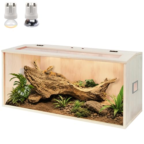 PROLEE Bearded Dragon Tank,Wooden Reptile Tank and Lizard Tank,Tempered Glass Large Bearded Dragon Enclosure with Built-in Lamp Fixture (32X16X16inch,34 Gallons) - color: Wooden Roof, size: 32X16X16inch,34 Gallons