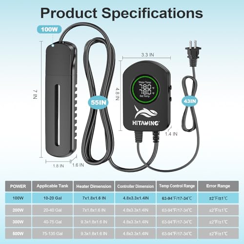 HiTauing Aquarium Heater, 100W/200W/300W/500W Fish Tank Heater with Upgraded LED Large Display, Up/Down Control Buttons and Intelligent Leaving Water Automatic Power-Off for Saltwater and Freshwater - size: 100W for 10-20 Gallon