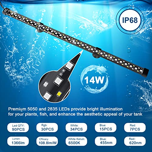 hygger 24/7 Mode Submersible Aquarium LED Light, Full Spectrum Hidden Fish Tank Light with 3 Rows Beads 7 Colors Auto On Off Sunrise-Daylight-Moonlight, Adjustable Timer Brightness - size: 23.4in 14W