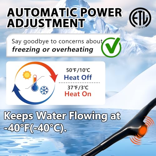 HEATIT 80ft Pipe Heat Tape Self-Regulating Heating Cable for Water Pipes | Built-in thermostat on at 3°C (37°F), off at 10°C (50°F), ETL certified heating cable for pipe freeze protection. - style: 80 ft
