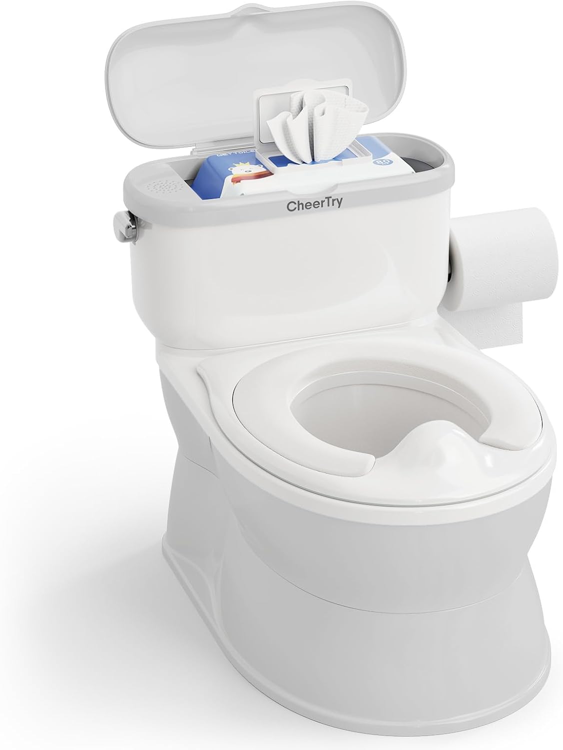 CheerTry 2-in-1 Toddler Potty Training Toilet with Detachable Training Seat | Large Potty Chair, Realistic Flushing Sound for Boys & Girls Ages 1-3 with Wipes Storage, Toilet Paper Holder - Pink