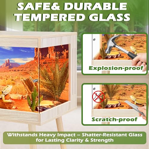Royxen Bearded Dragon Tank,82 Gallon Reptile Tank with Leg Stand,Built-in Lighting Reptile Enclosure,Tempered Glass Bearded Dragon Encloure for Chameleon (Oak,48"x 20"x 20") - color: Oak, size: 82 Gallons,48"x20"x20"