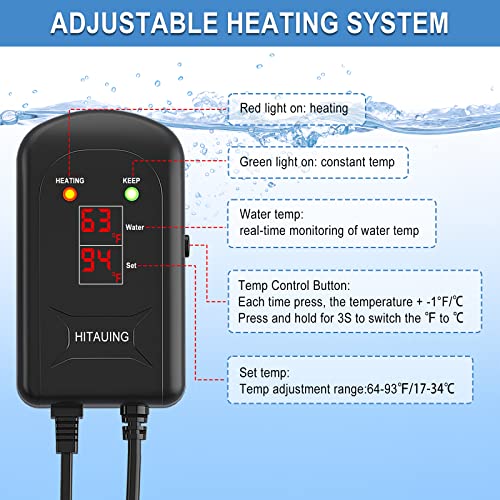 HiTauing Aquarium Heater, 100W Fish Tank Heater with LED Digital Display & 5 Safety Protection, Submersible Aquarium Heater with 2 Suction Cup and 5.9Ft Cord for 10-20 Gallon Fish Tank. - size: 100 Watt Aquarium Heater