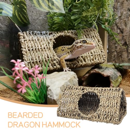 Reptile Hide Cave,Hanging Seagrass Fiber Bearded Dragon Hammock Swing Climbing Toys with Plants Decor,Gecko Hideout Hollow Cave Tank Accessories for Lizard Snake-Triangle S - size: Triangle S:7.87*3.94*3.94"