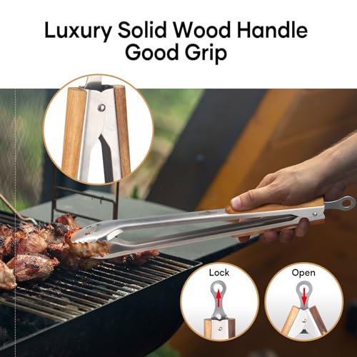 XUDAKAIXIN 18-Inch Long Stainless Steel BBQ Tongs with Extended Luxurious Acacia Handle – Durable and Easy-to-Clean Grilling Tool for Cooking, Kitchen Use, and Outdoor Barbecues - color: 18-inch