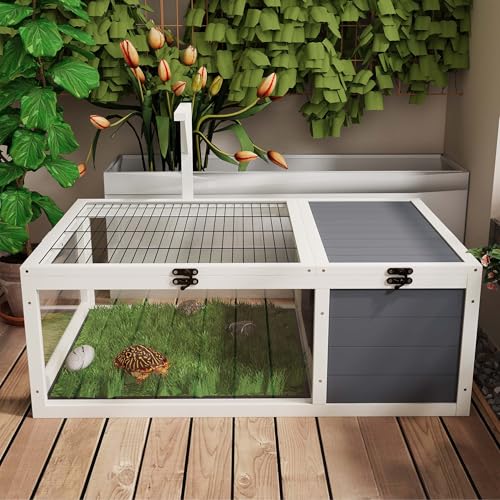 Tortoise Habitat, Tortoise House, Tortoise Enclosure with Adjustable Lamp Holder, Lockable Top, Pull-Out Waterproof Trays, Small Animals & Reptile, Wooden, Indoor & Outdoor