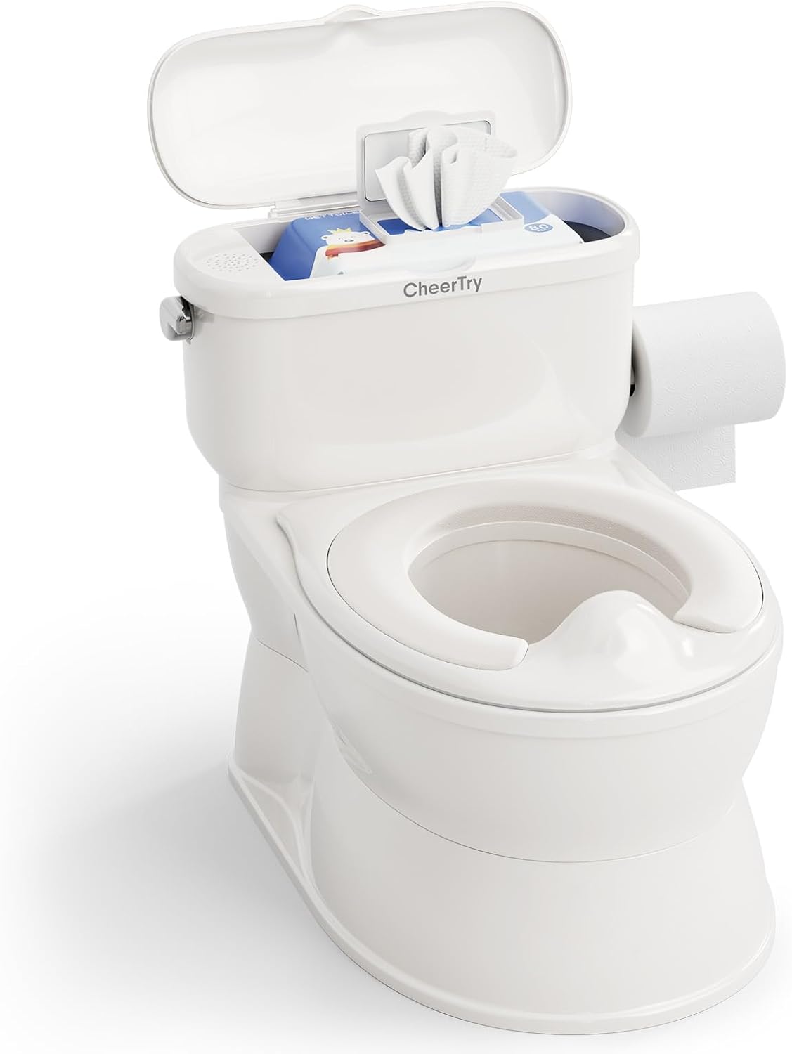 CheerTry 2-in-1 Toddler Potty Training Toilet with Detachable Training Seat | Large Potty Chair, Realistic Flushing Sound for Boys & Girls Ages 1-3 with Wipes Storage, Toilet Paper Holder - Pink