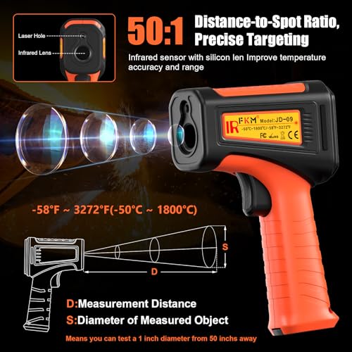 50:1-58°F ~3272°F FKM Infrared Thermometer High Temperature Gun,Non Contact Digital IR Temp Gun,High Precision Laser Thermometer Gun for Cooking,Kilns,Forges,Engine,HVAC,Industrial and Home Repair - color: Orange