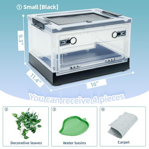 Foldable 16" Reptile Terrariums, Snake Tanks, and Enclosures for Bearded Dragons, Iguanas, Lizards, Crested Geckos -Clear Views, Portability, High-Temperature Resistant Iron Mesh Ventilation - color: Black
