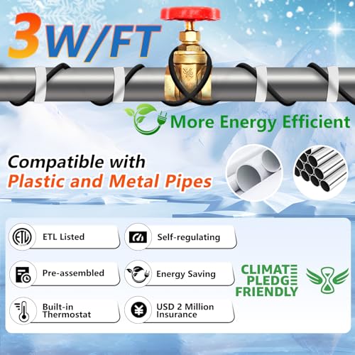HEATIT 80ft Pipe Heat Tape Self-Regulating Heating Cable for Water Pipes | Built-in thermostat on at 3°C (37°F), off at 10°C (50°F), ETL certified heating cable for pipe freeze protection. - style: 80 ft